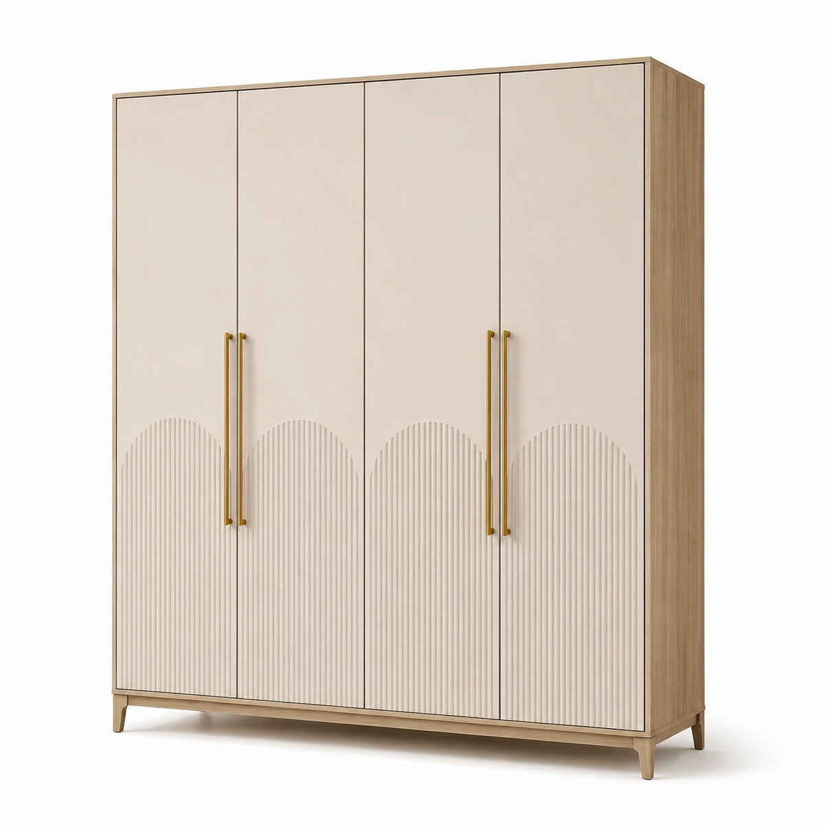 Armoire en bois clair et beige avec poignées en métal doré 200x180x60 cm