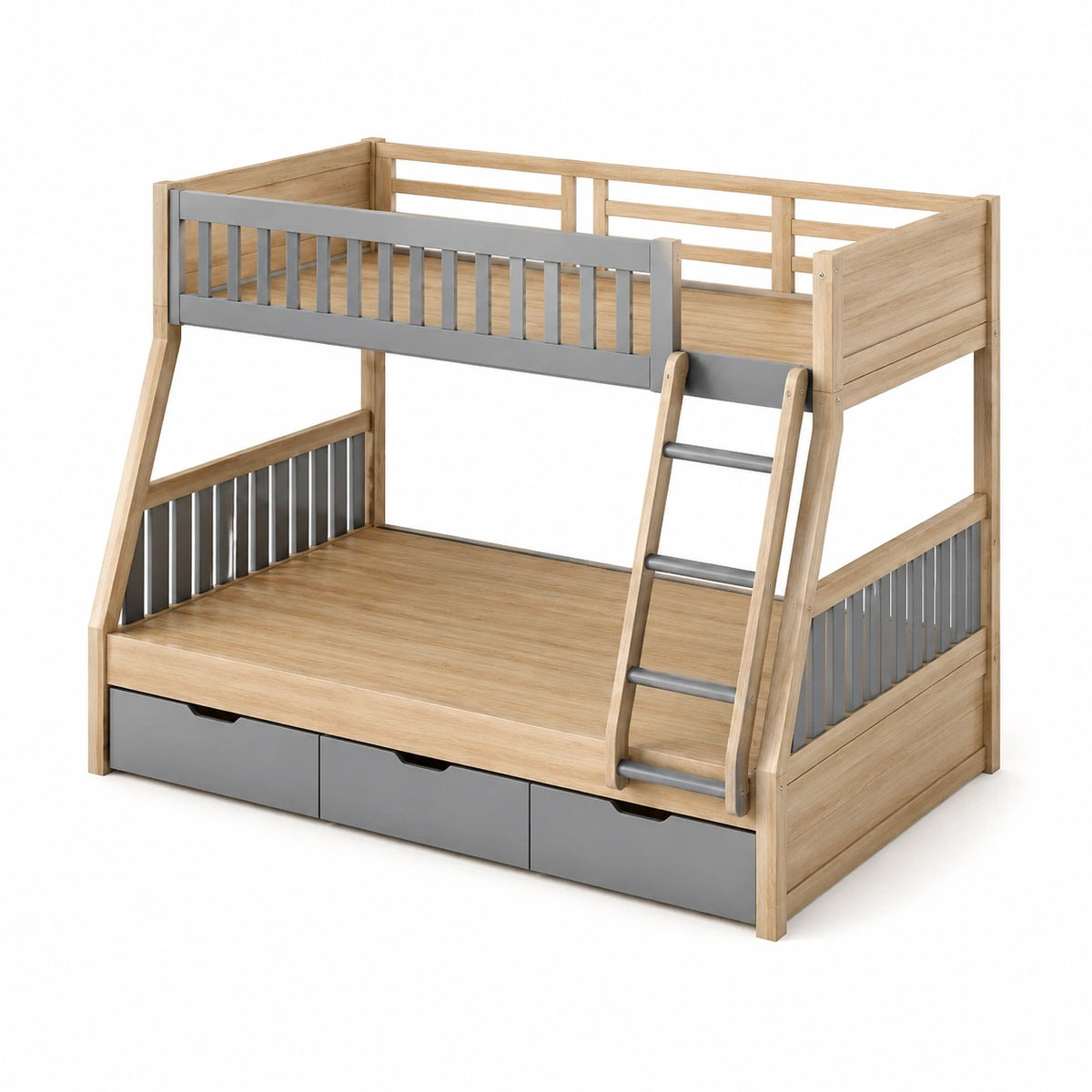 Lit superposé en bois et métal chêne/gris avec tiroirs