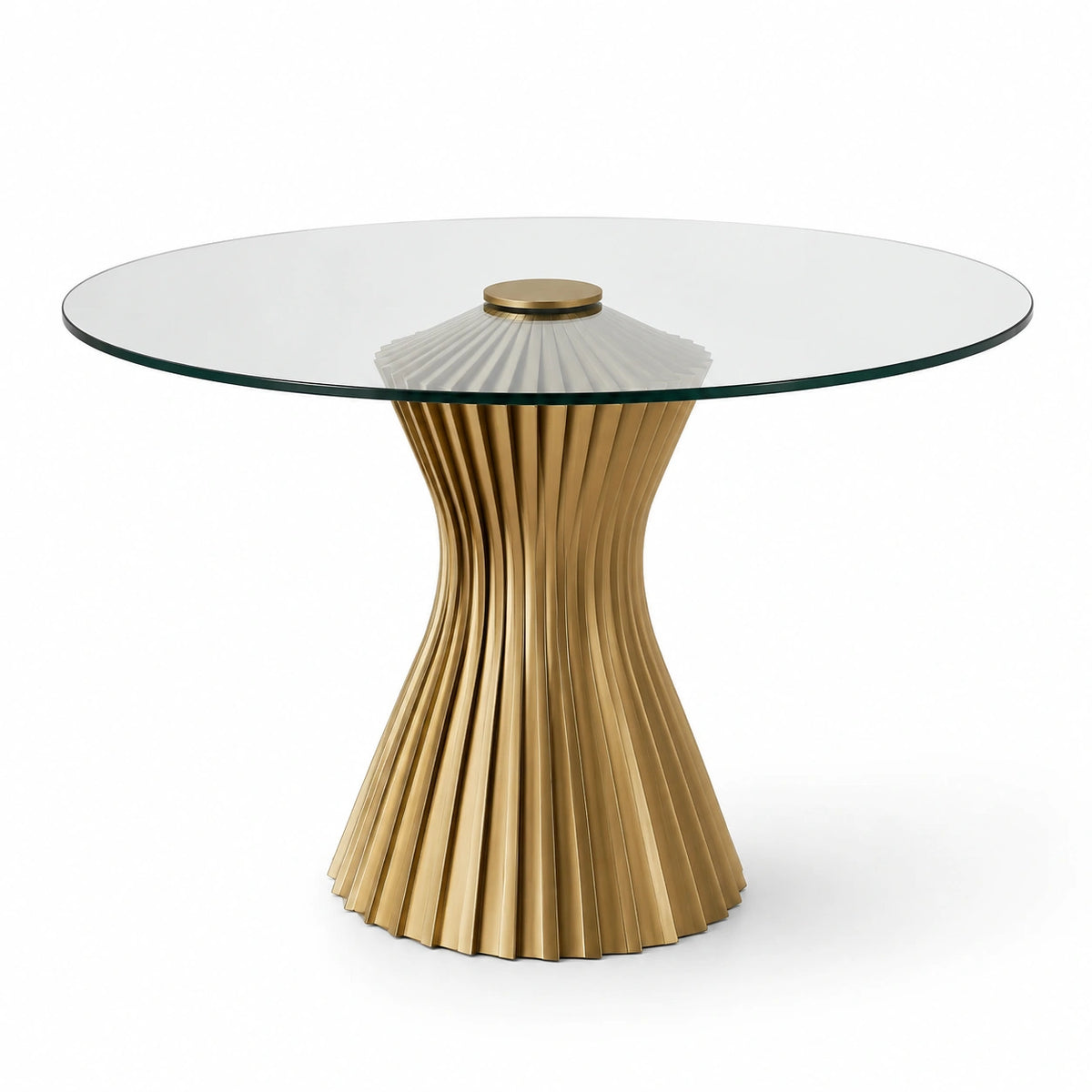 Table ronde en verre trempé avec base en métal doré