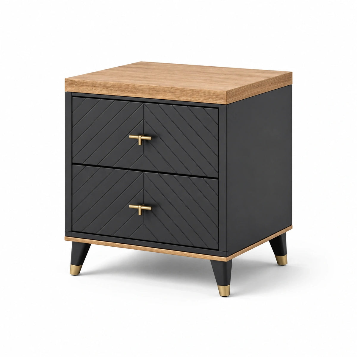 Table de chevet en bois et métal avec tiroirs noirs et chêne