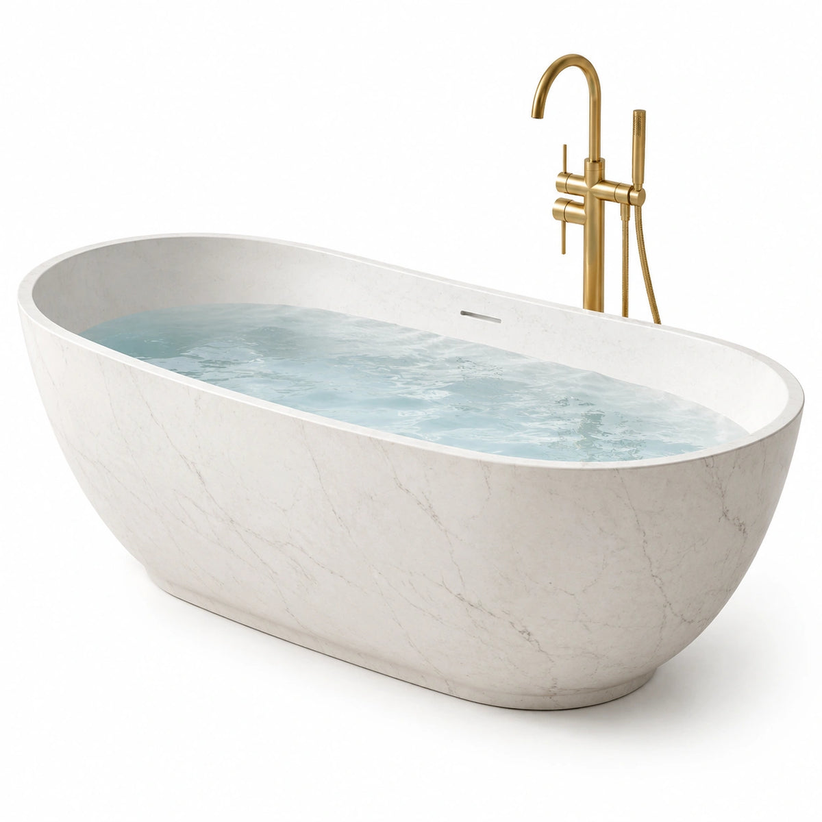Baignoire îlot ovale en résine de marbre blanc 170x80x58 cm
