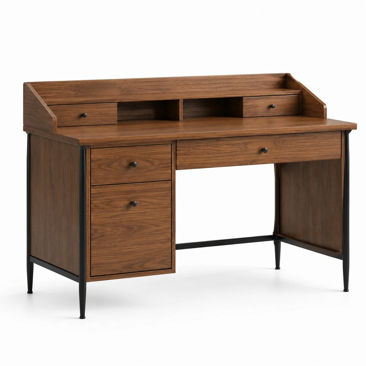 Bureau en bois avec tiroirs et étagères