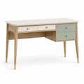 Bureau en bois avec tiroirs blancs et vert clair, pieds métalliques