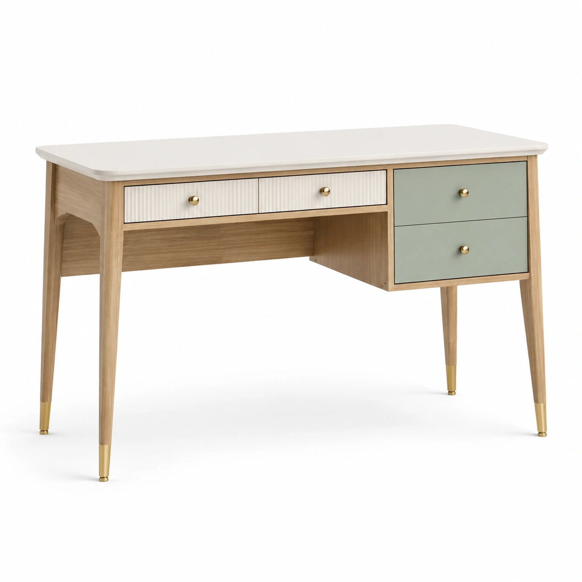 Bureau en bois avec tiroirs blancs et vert clair, pieds métalliques