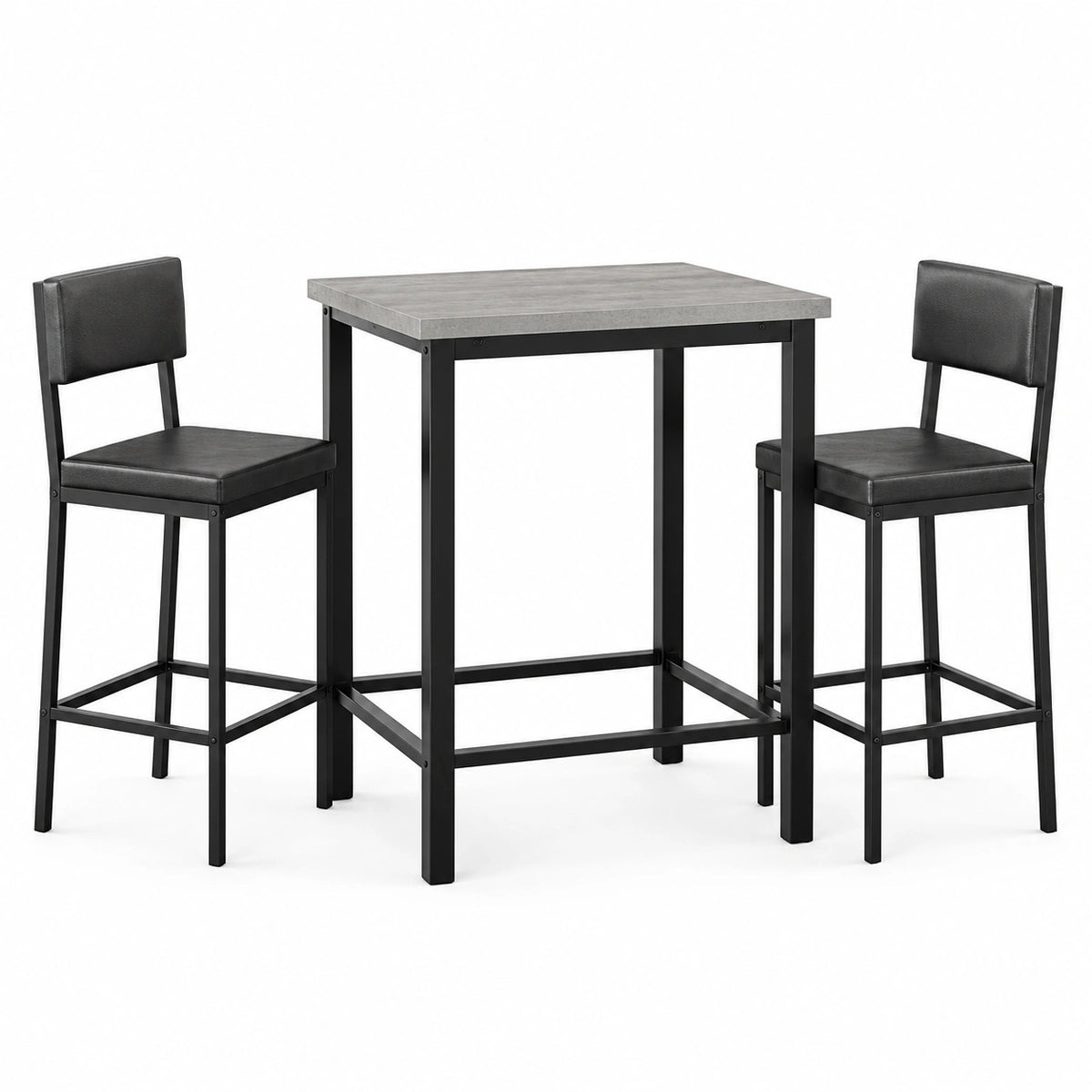 Ensemble table haute rectangulaire MDF et acier avec 2 tabourets similicuir noir