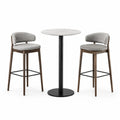 Ensemble table haute en marbre et tabourets en tissu gris et bois