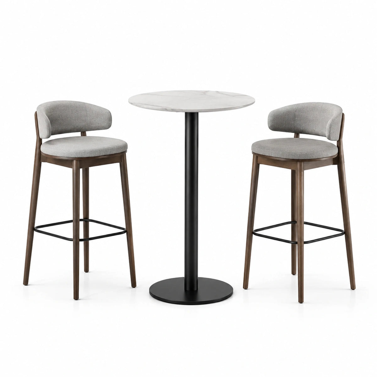 Ensemble table haute en marbre et tabourets en tissu gris et bois