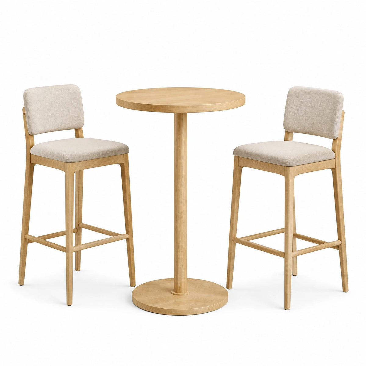 Ensemble table ronde en bois clair avec tabourets en tissu polyester beige
