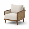 Fauteuil en bois de noyer et rotin avec coussins en tissu polyester beige