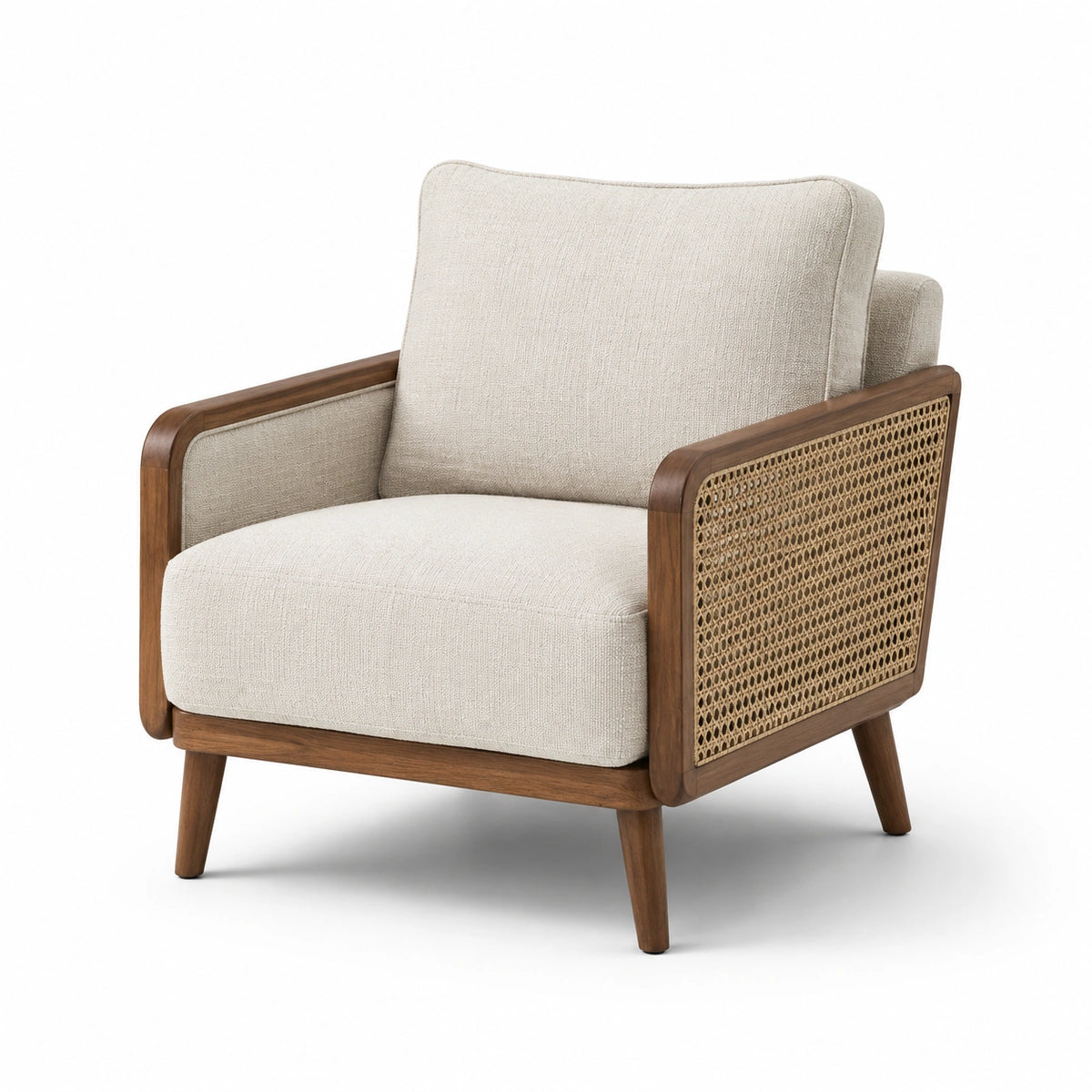 Fauteuil en bois de noyer et rotin avec coussins en tissu polyester beige