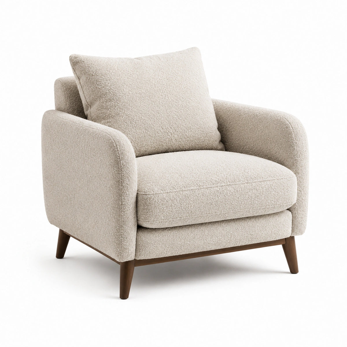 Fauteuil en tissu bouclé beige avec pieds en bois