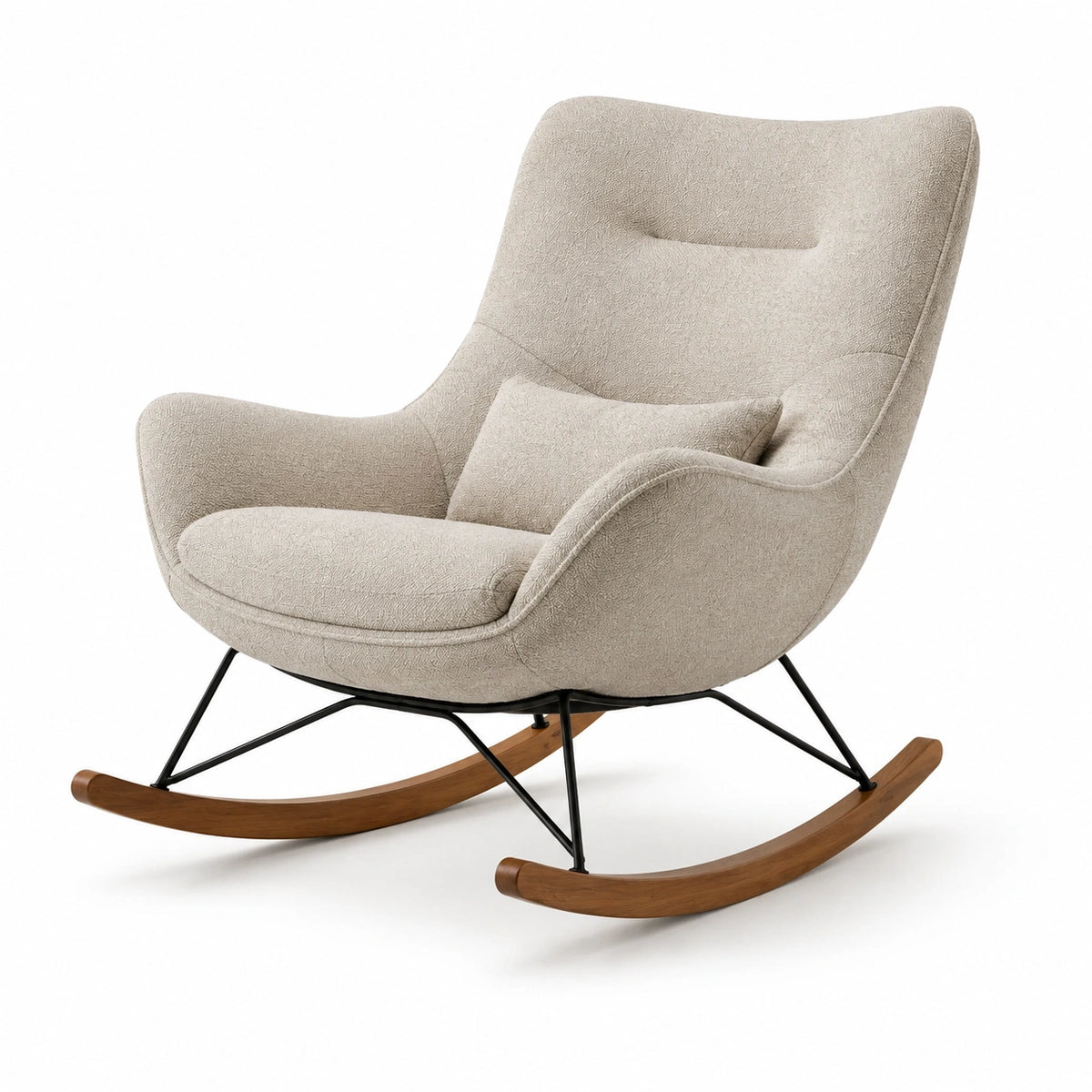 Fauteuil à bascule en tissu beige, base en bois et métal