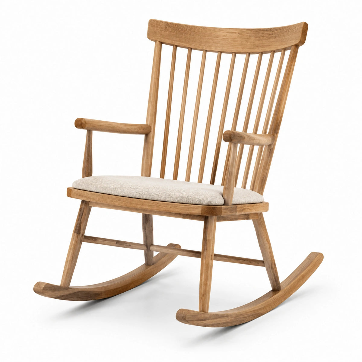 Chaise à bascule en bois de chêne avec coussin en lin beige