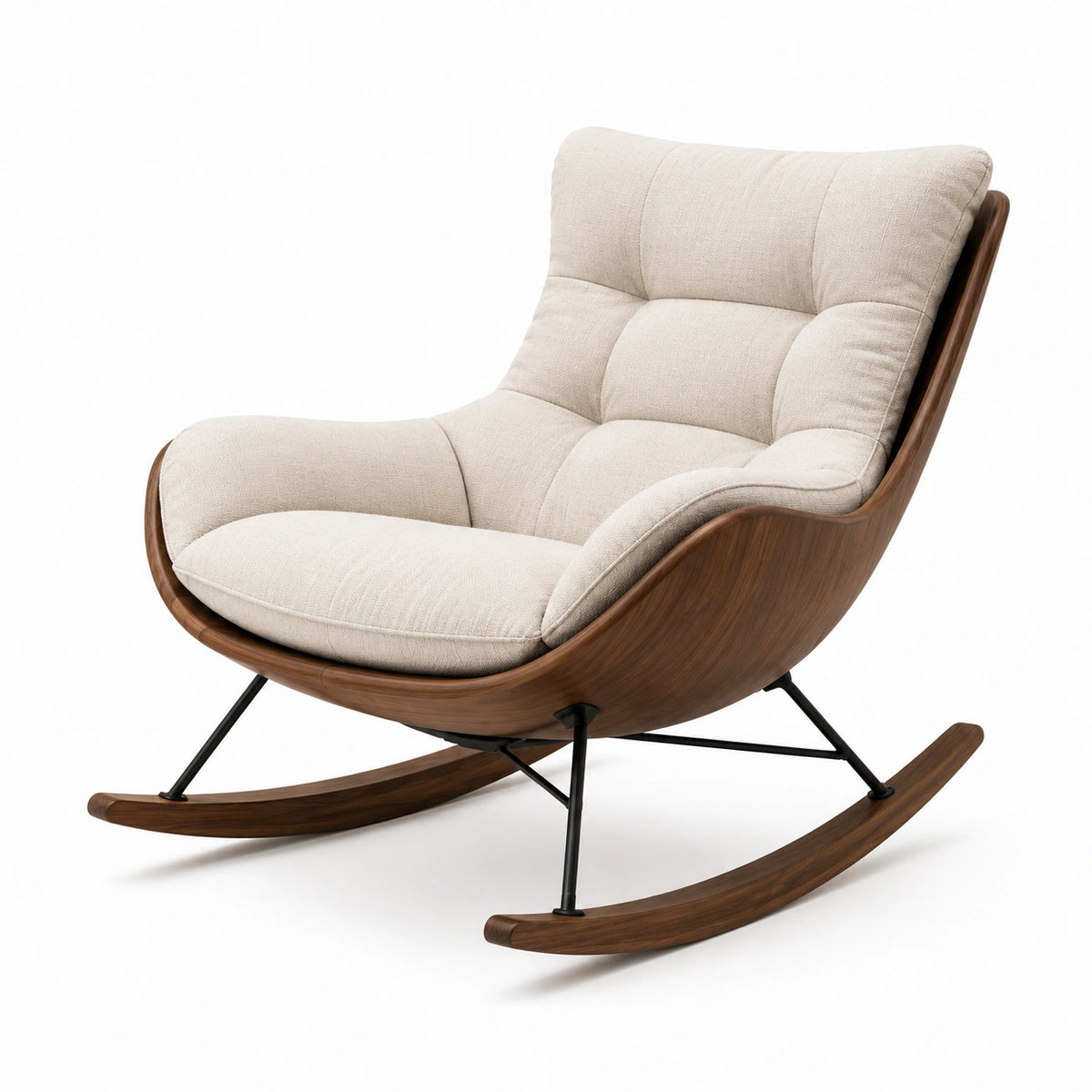 Fauteuil à bascule en tissu polyester beige avec structure en bois et métal