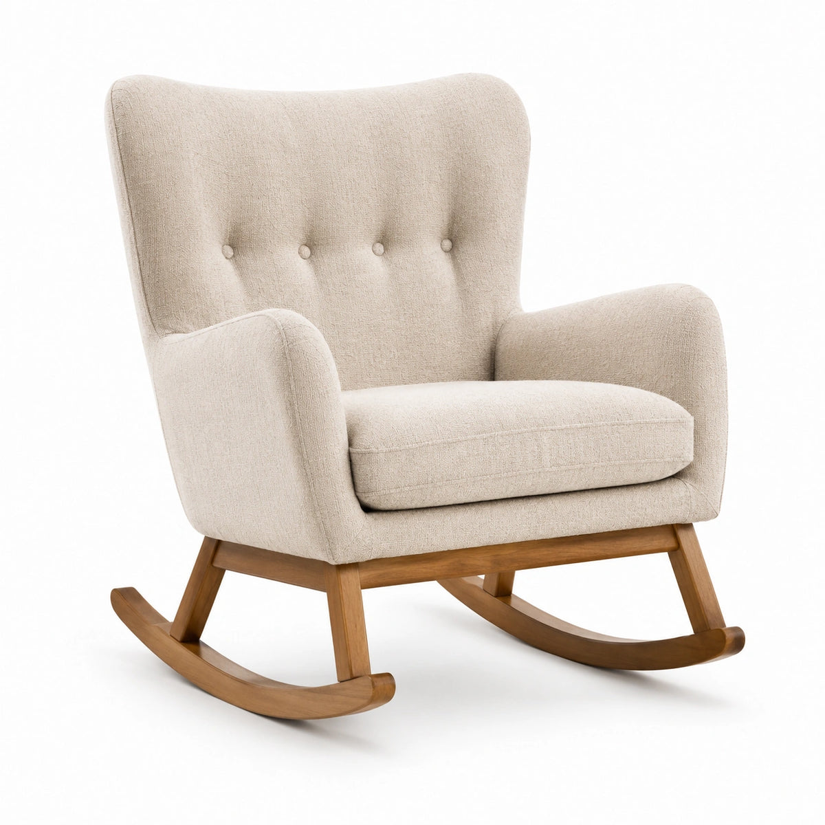 Fauteuil à bascule en tissu de lin et bois de chêne beige