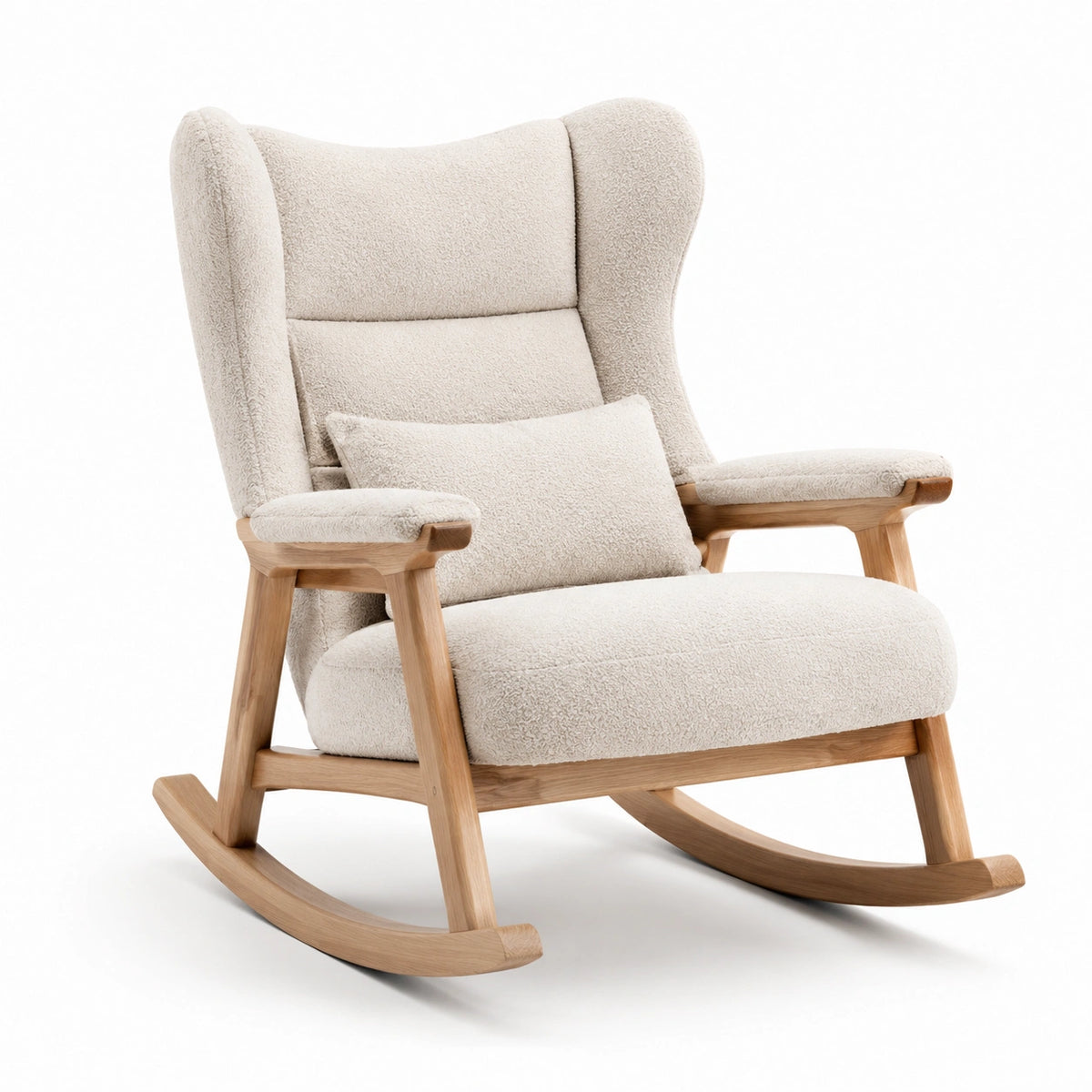 Fauteuil à bascule en bois avec tissu bouclette crème