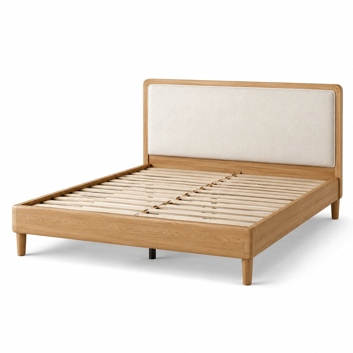 Lit double en bois avec tête de lit rembourrée en chêne et polyester beige