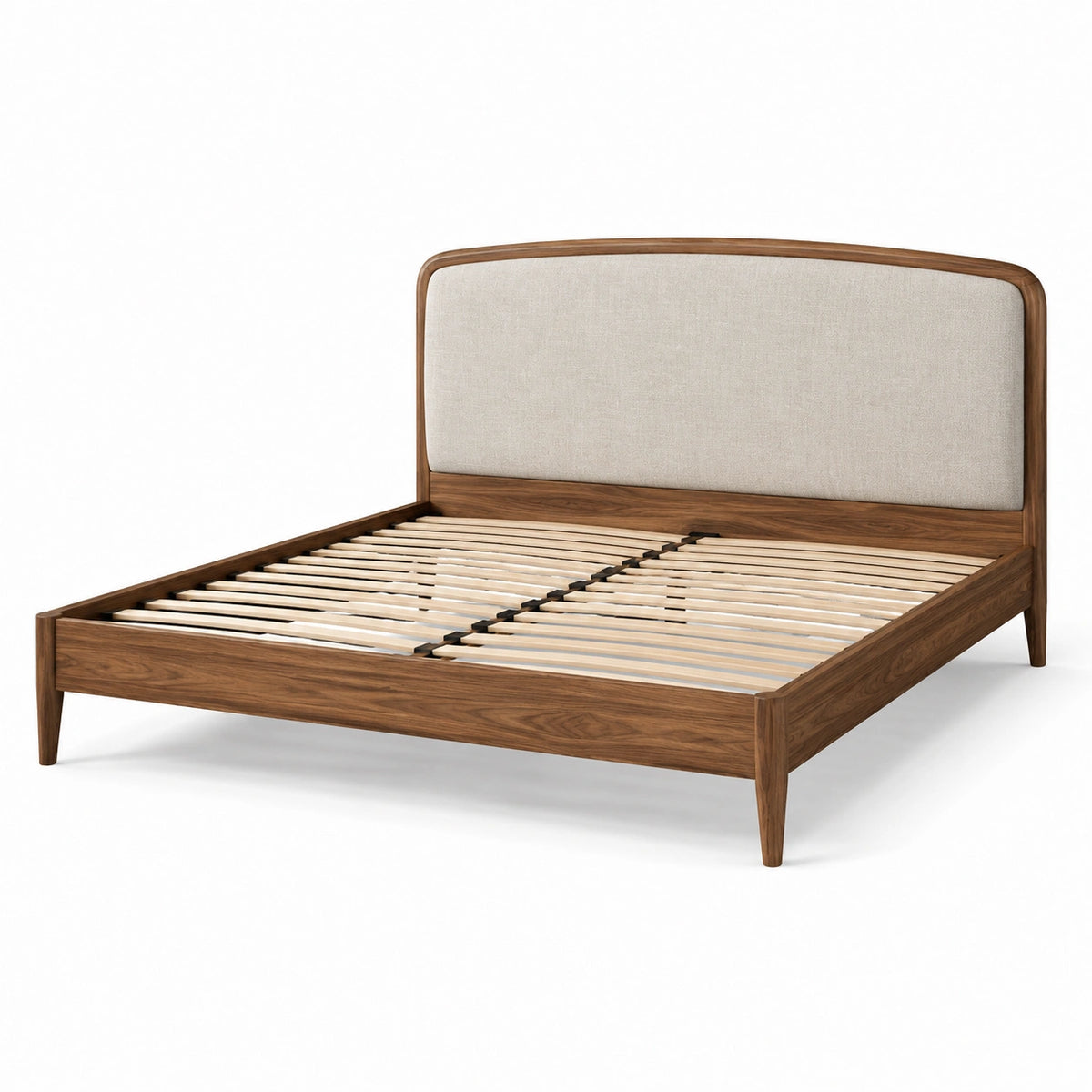 Lit double en bois avec tête de lit en tissu beige 200x160 cm